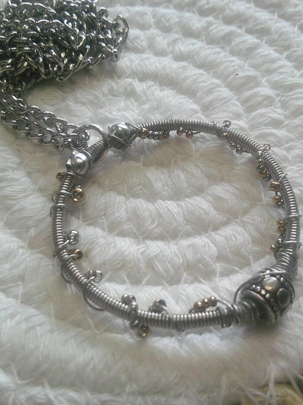 Unique GUITAR STRING with SILVER & GOLD BEADS Handmade Silver Pendant/Chain 291F